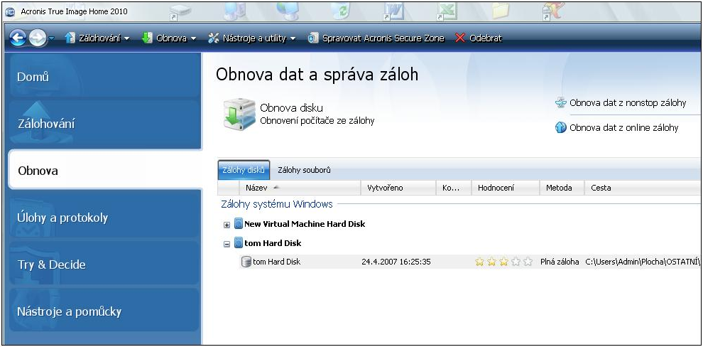 UTB ve Zlíně, Fakulta aplikované informatiky, 2010 42 5.2 Obnova dat Opět se dostáváme do hlavní nabídky programu True Image viz. obrázek 21.
