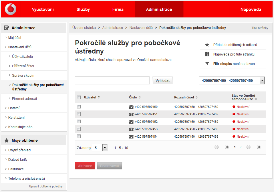 5.2.5 Pokročilé služby pro pobočkové ústředny Tato služba Vám umožňuje vyjmout konkrétní čísla z rozsahů čísel a aktivovat je ve OneNet samoobsluze.