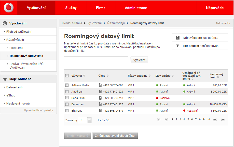 2.3.2 Roamingový datový limit Tato kapitola popisuje, jak nastavit limitní částku pro data v roamingu, při jehož dosažení je uživateli blokován přístup k datům. 2.3.2.1 Nastavení Roamingového datového limitu u uživatele Pro nastavení Roamingového datového limitu: 1.