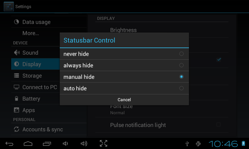 Jak skrýt panel činností systému Android Vstupte do Nastavení (Settings), dále Zobrazení (Display) a vyberte Ovládání informačního panelu (Statusbar Control). Můžete si vybrat 4 možnosti.