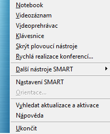 Pokud nechcete mít zobrazeny plovoucí nástroje, vyberete volbu Skrýt plovoucí nástroje, z lokálního menu ikony SMART Board.