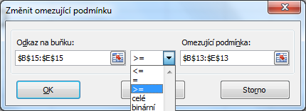 2. Typ omezení, což e edna z možností,,, celé, t. podmínka celočselnost nebo bnární, t. podmínka, že proměnné budou nabývat pouze hodnotu 0 nebo 1. 3.