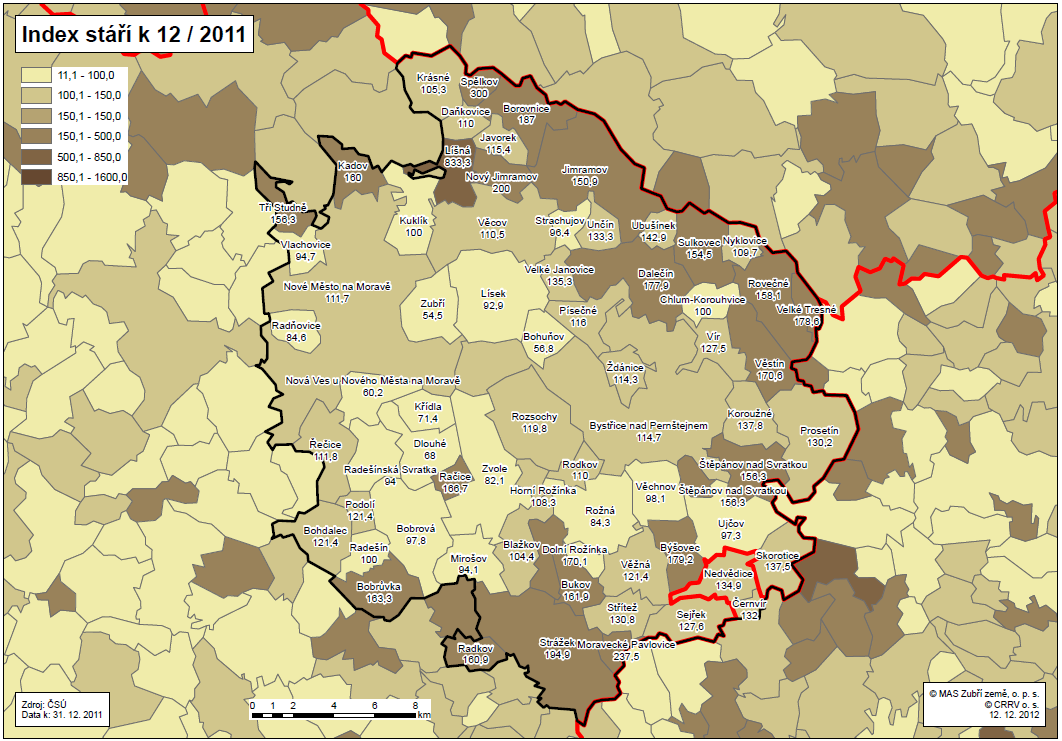 Pokud srovnáme index stáří v rámci regionu, tak nejvyšší index stáří (v průměru kolem 180) mají méně lidnaté obce na okraji regionu ve větší vzdálenosti od přirozených center Bystřice nad Pernštejnem