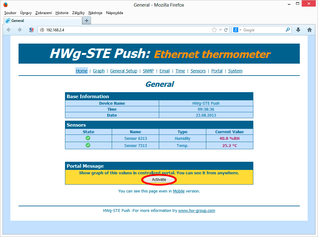 Připojení HWg-STE Push a STE plus do portálu Sensdesk 1) Připojte zařízení k počítačové síti a