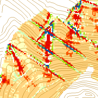 a) b) c) d) e) f) Obr. 12: Porovnání různých způsobů simulace záchytných a svodných prvků TPEO. Vlevo je vždy uvedena mapa definice ploch, vpravo pak výsledek simulace pomocí EROSION-3D.
