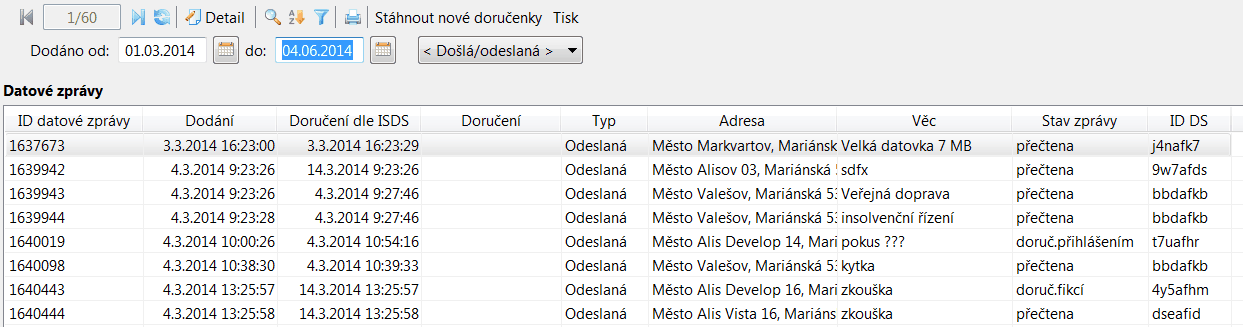 Evidence V seznamu doručenek lze vyhledávat pomocí filtru (tlačítko 41 nebo kombinace kláves Ctrl+F) Doručenky k odeslaným datovým zprávám je možné jednotlivě tisknout pomocí tlačítka Tisk doručenky.