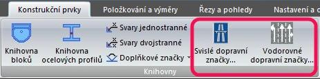 Svislé a vodorovné dopravní značení Nové a snadné vkládání dopravního značení do výkresu s možností výkazu značek do tabulky. Obr. Ribbon Knihovny s nově zařazenými příkazy dopravního značení.