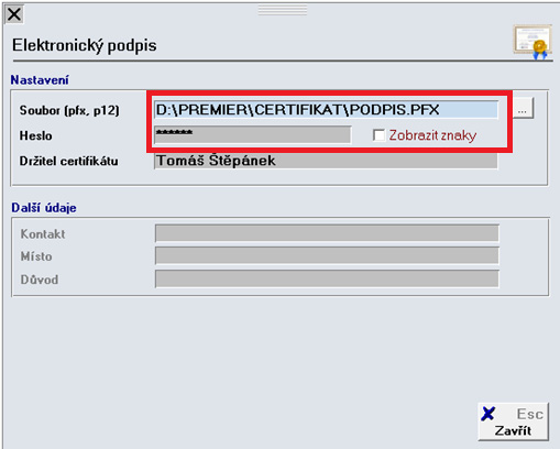 Nastavení elektronického popisu se provádí v Uživatelských předvolbách Volby pro síť, tisk, export. Vpravo nahoře je tlačítko Elektronický podpis.