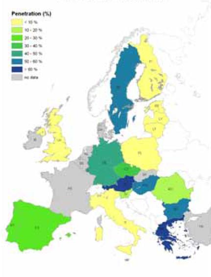 Obrázek 84: Procentní podíl pojištěných oblastí na pojistitelných plochách či na celkové osevní ploše zemí EU Zdroj: http://mars.jrc.ec.europa.