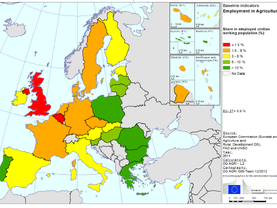 Obrázek 86: Zaměstnanost v zemědělství v EU (podíl v %), rok 2011 Zdroj: EU Directorate-General for Agriculture and