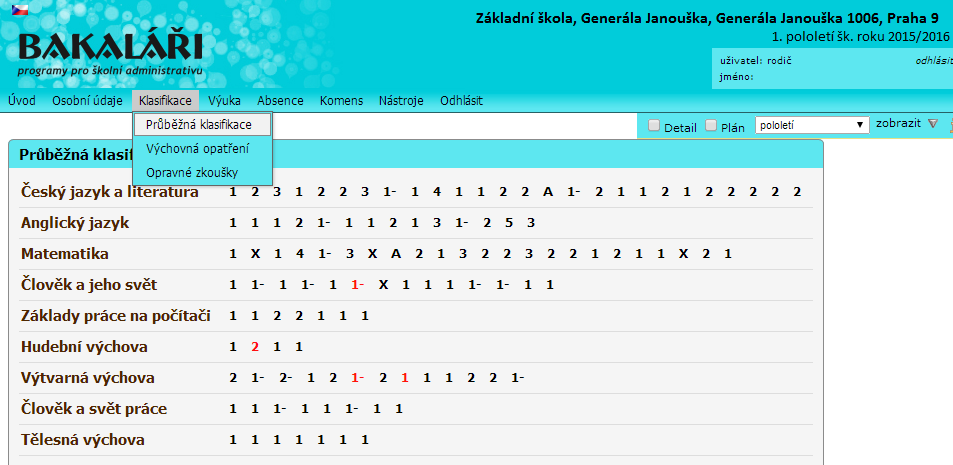 4. Klasifikace - Průběžná klasifikace Rodiče i žáci mohou sledovat zadanou průběžnou klasifikaci.