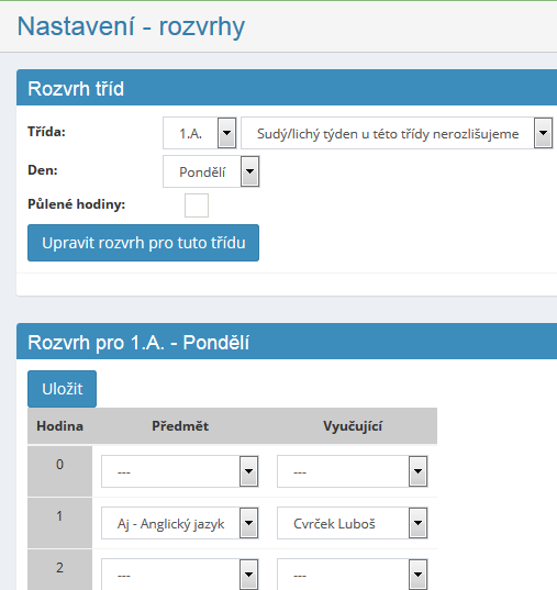 2.4.4 Sekce Rozvrhy V této sekci je možné vytvořit vlastní rozvrhy pro jednotlivé třídy, resp. vyučující.