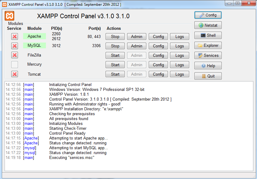 5. BĚHOVÉ PROSTŘEDÍ - XAMPP se minimalizuje do systémové části panelu, odkud se vyvolává ovládací panel: