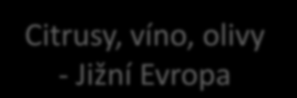 Zemědělství Rostlinná výroba Obilniny, brambory, cukrová řepa, ovoce, zelenina Citrusy, víno, olivy - Jižní Evropa Živočišná výroba Chov skotu, prasat,