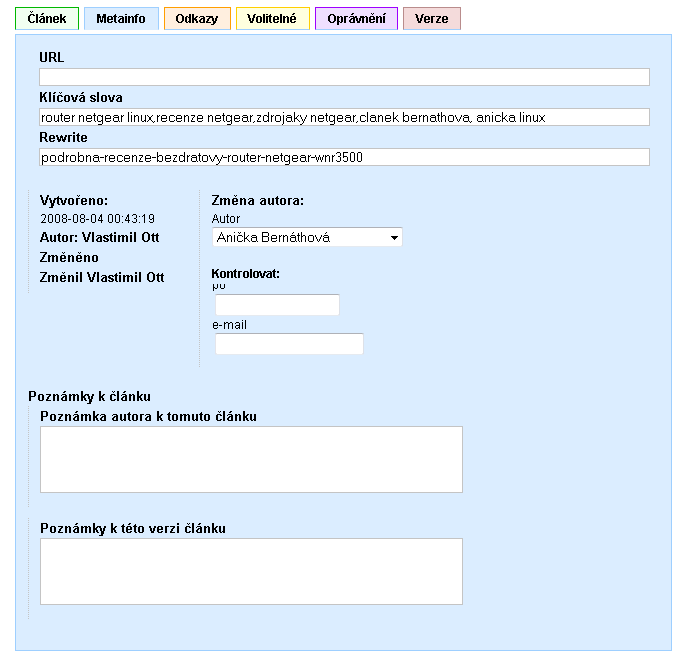 Záložka Metainfo URL Používá se pro případ, že článek nemá vlastní obsah, ale má přesměrovávat na jiný obsah (např. odkaz z menu na jiný web).