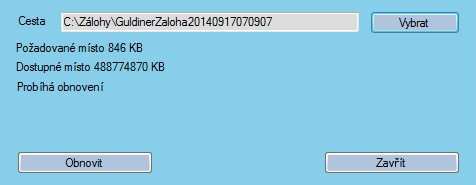 15-I) Obnovení dat tlačítko Obnovit na dialogu zálohy dat: a) Editační pole Cesta v tomto poli je zobrazená cesta, ze které se budou obnovovat data.