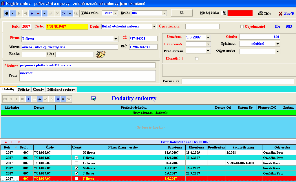 C7. Vlastní údaje firmy - identifikace SÚS objeví se v tiskových sestavách C8. Číselník roků pomocný číselník, který slouží při výběru a pořizování smluv II. Registr smluv R1.