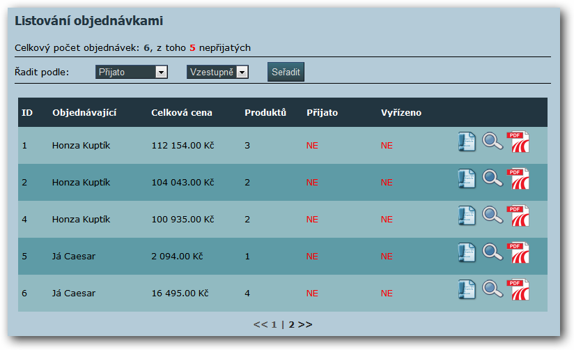 OBJEDNÁVKY LISTOVÁNÍ OBJEDNÁVKAMI Řazení Možnosti Stránkování Nastavení admina ŘAZENÍ Možnost seřazení objednávek podle některých parametrů.