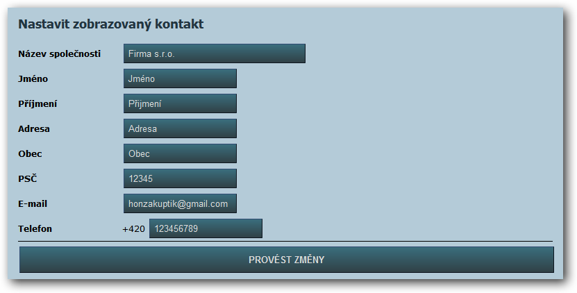 NASTAVENÍ KONTAKTNÍCH ÚDAJŮ E-MAIL Kontaktní e-mail.