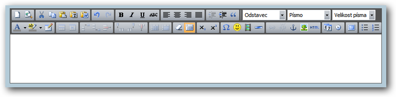 WYSIWYG EDITOR (EDITOR S MOŽNOSTÍ FORMÁTOVÁNÍ) Nový dokument (odstranění veškerého obsahu) Náhled Tučné, kurzíva, podtržené, přeškrtnuté Zarovnání: vlevo, střed, vpravo, blok Některé přednastavené