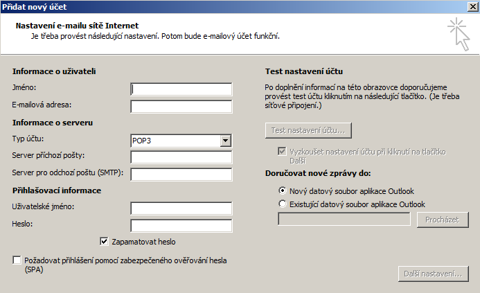 Nyní vyplníme naše jméno a příjmení (např. Pepa Novák) a e-mailovou adresu (novak@neofema.cz) Z nabídky Typ účtu vybereme POP3. Jako server odchozí a příchozí pošty nastavíme slunecnice.neofema.cz (obě políčka stejně).