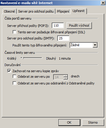 V novém okně, které se nám objeví, vybereme záložku Server pro odchozí poštu Zaškrtneme položku My outoing server (SMTP) requires authentication Z horních záložek vybereme Upřesnit Pokud chceme, aby