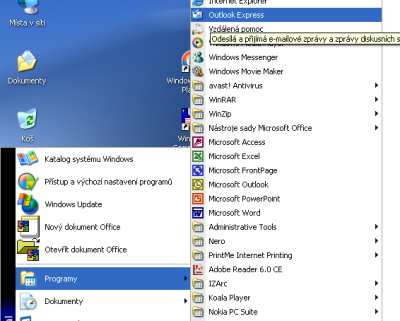 Na prvním obrázku vidíme, jak spustit našeho e-mailového klienta Outlook Express (obsahuje každá základní distribuce Windows - není nutno stahovat nebo dodatečně instalovat).