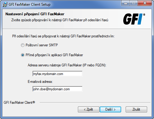 Snímek obrazovky 3: Připojení ke klientovi GFI FaxMaker 5. Při instalaci formuláře pro faxovou zprávu GFI FaxMaker zvolte způsob připojení k aplikaci GFI FaxMaker.