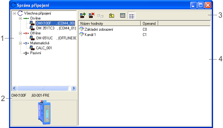 14 Nápověda k programu OM-Link 4.4.1 Okno Správa připojení (1) Seznam existujících připojení, roztříděný dle typu.