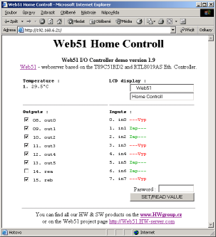 Charon I Web51 Home Control Web51 Home Control je demonstrační FirmWare systému Web51. Aplikace je zkompilovaná mimo jiné pro modul Charon I, jehož vývojový kit zde budeme dále popisovat.
