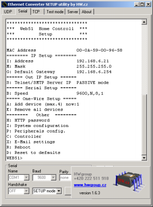 RS-232 SETUP pro aplikaci Web51 Home Control Nastavte parametry sériového kanálu 9600 Bd 8N1, no handshake. Ověřte, zda jste osadili jumper SETUP a odstranili jumper PSEN a resetujte modul.