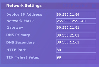 Network Settings Blok obsahuje základní nastavení síťových parametrů pro komunikaci v Ethernetu: Device IP address IP adresa jednotky, po změně nastavení je nutné restartovat zařízení Network mask