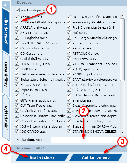 2.4 Filtr dopravců V nabídce na pravé straně přehledové mapy je první záložkou Filtr dopravců (viz obr. č. 7). Obr. č. 7 Filtr dopravců Výběrem volby dopravce č.