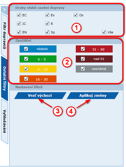 2.5 Ostatní filtry V nabídce na pravé straně přehledové mapy je druhá záložka Ostatní filtry (viz obr. č. 8 a 9). Obr. č. 8 Ostatní filtry V části č. 1 se provede vyfiltrování podle druhu vlaku.