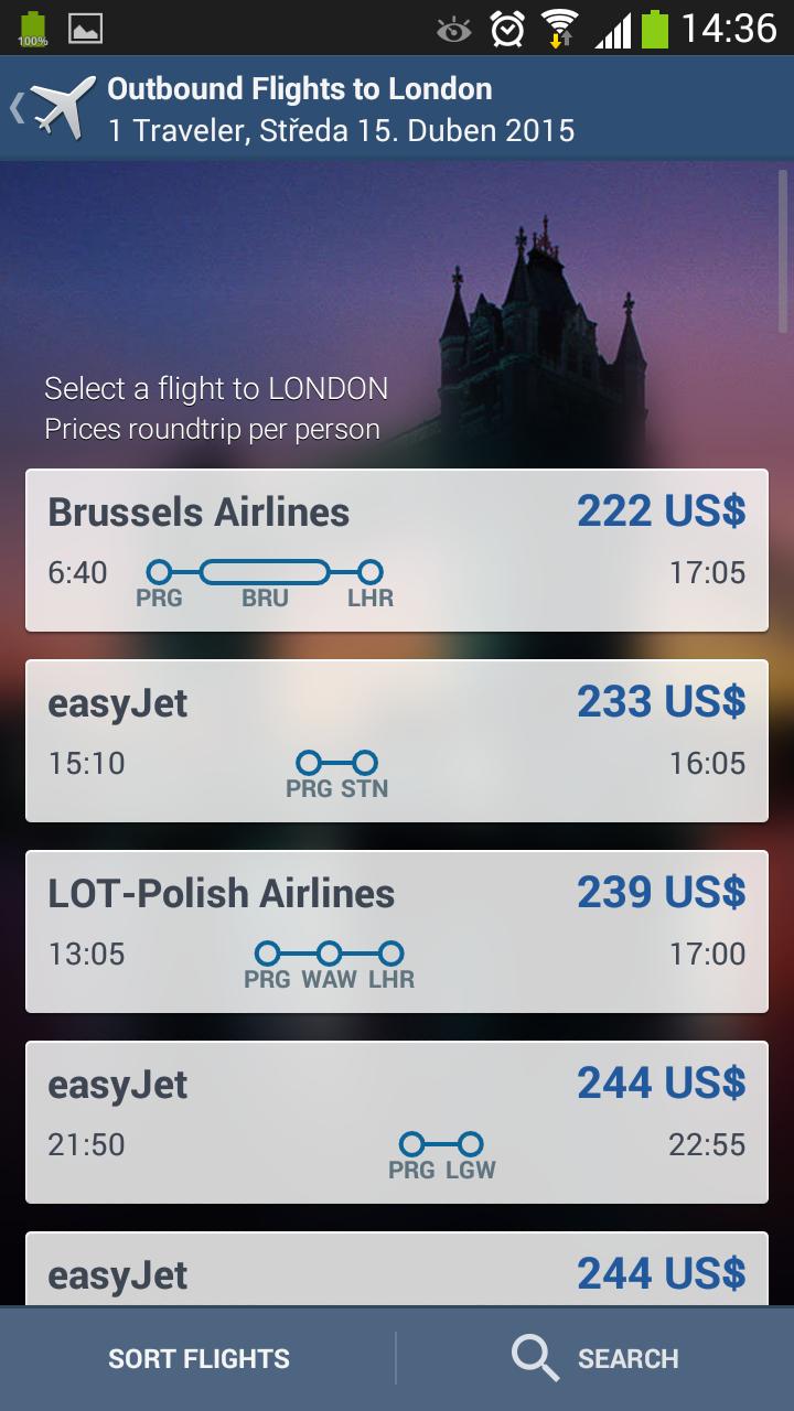 2.3.5 Mobilní verze Mobilní verze je také velmi jednoduchá. Aplikace je v anglickém jazyce a využívá také GPS lokaci. Nahoře je v nabídce hotel, letenka nebo auto.