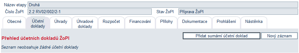 Detail Sumárního účetního dokladu Smazat SÚD V Žádostech o platbu, které byly založeny před 02. 11.