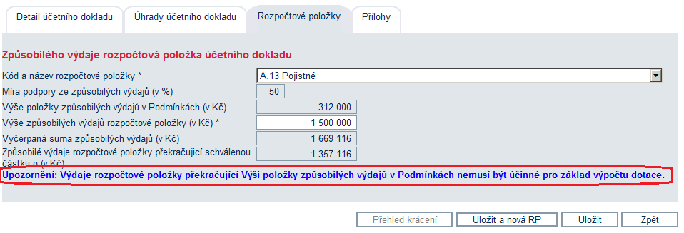 Hláška o překročení limitu rozpočtové položky Suma ZV všech rozpočtových