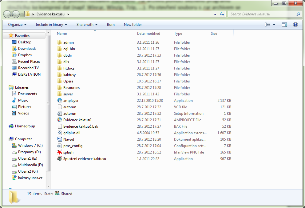 Stažený rar archív obsahuje složku s názvem Evidence kaktusu, tuto složku z archívu rozbalíme kamkoliv na svůj disk (můžeme např. na plochu Windows, nebo kamkoliv jinak, kam se nám hodí).