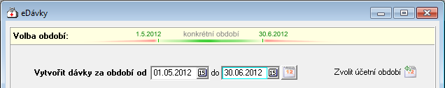 Dávky je možné vytvořit buď za poslední den vybraného měsíce / kvartálního měsíce nebo za ručně zadané libovolné období, které můžete nastavit po stisknutí tlačítka [Zvolit období od do].