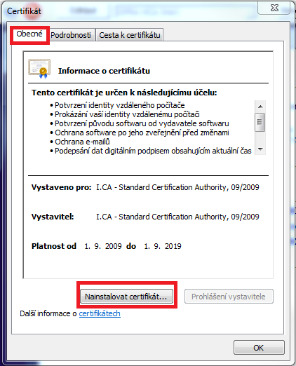 Dvojklikem otevřete soubor obsahující kořenový certifikát I.CA, který jste uložili na pevný disk.