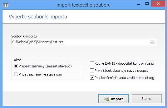 Otevřít TXT Tisk štítků V poli Soubor k importu zadejte cestu k souboru, který potřebujete nahrát. Kliknutím na tlačítko s tečkami [ ] si jej můžete vybrat z adresářové struktury.