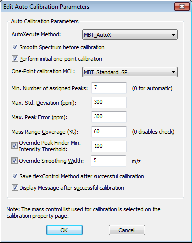 4. Zvolení Tools > Method Calibration Parameters (Obr. 6) umožňuje nastavit nebo zkontrolovat nastavení kalibrace pro metodu flexcontrol.