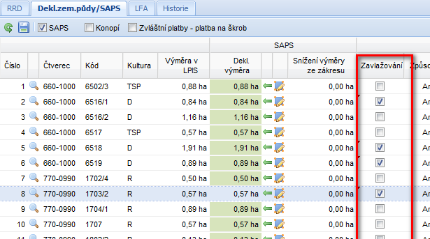 5.2 SAPS, Zvláštní podpory platba na škrob, platba na chmel; deklarace konopí setého Deklarace bude obsahovat výpis účinných půdních bloků (dílů) s kulturou pro zemědělskou půdu (tedy bez kultury L