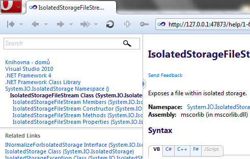 Nástroje Obrázek 109 MSDN Library lokálně na virtuálním serveru a v Opeře Při práci stačí umístit v kódu kurzor do názvu jakéhokoliv členu a stisknout klávesu F1.