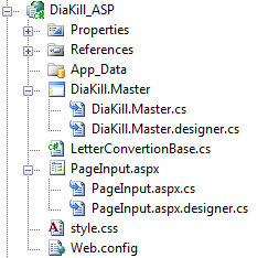 Technologie Odkazy Obrázek 11 Struktura souborů projektu DiaKill_ASP V metodě KillDia() jsou pro nás podstatné dva řádky: this.title = "Převedeno DiaKill - ASP.NET"; vysledek.