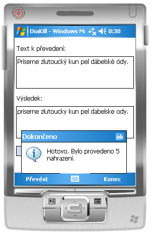 Technologie Odkazy Převod lze začít buď tlačítkem Převést přímo v hlavním okně, nebo totožným tlačítkem v nabídce dole. Po skončení převodu se ukáže okno s informací o počtu nahrazených znaků.