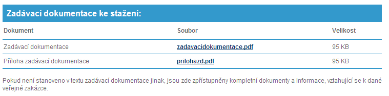 Nabídka Stažení zadávací dokumentace Zadávací dokumentaci můžete získat dvěma způsoby - prostřednictvím výzvy nebo stažením z detailu zakázky na domovské stránce aplikace.