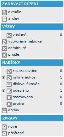 Obrázek 22 - Levé menu Pokud jste podávali nabídku do zakázky, která nepokračuje aukcí, je tímto vaše práce v souvislosti s