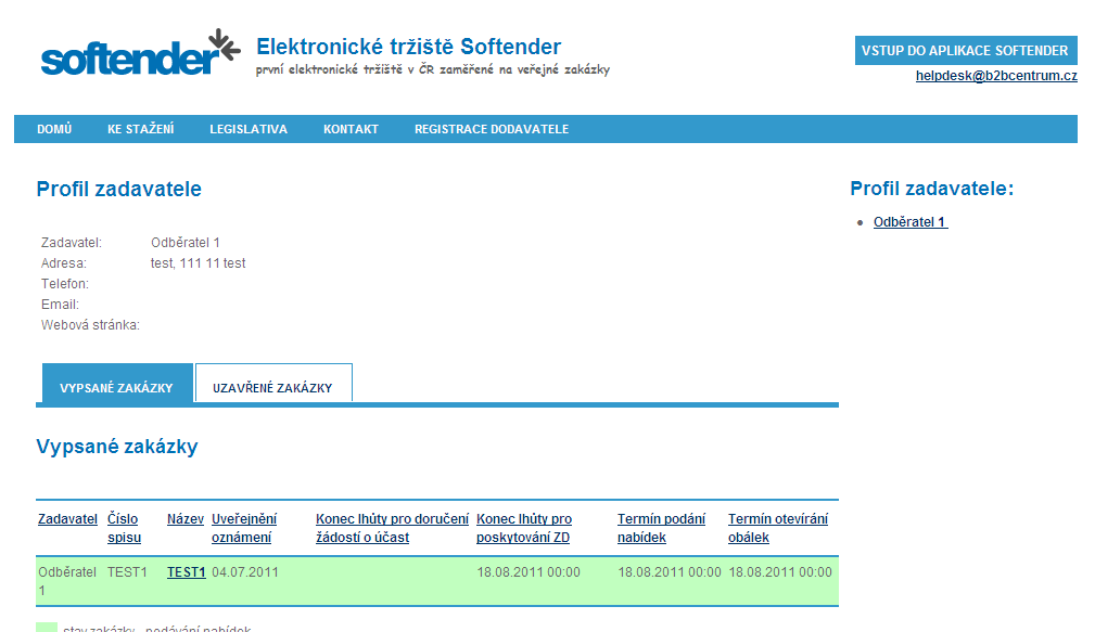 Obrázek 2 - Profil zadavatele Důležité Zobrazí se stránka s registračním formulářem. Formulář vyplňte a klikněte na tlačítko Registrovat.