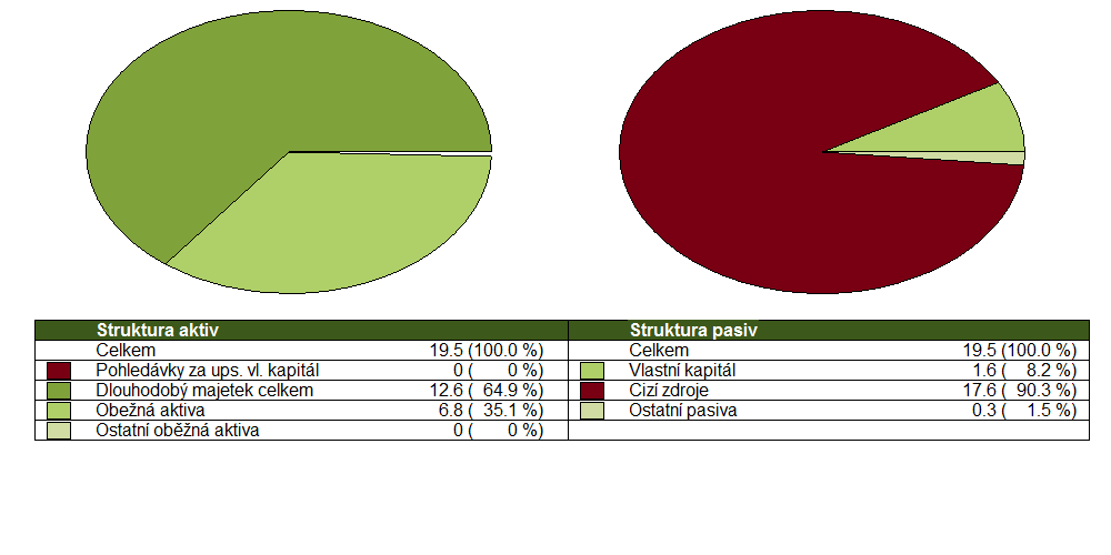 2012 31.12.2011 Aktiva celkem 19,50 17,90 13,80 Dlouhodobý majetek 12,60 12,90 4,60 Dlouhodobý hmotný majetek 12,60 12,90 4,60 Dlouhodobý finanční majetek N/A N/A N/A Oběžná aktiva 6,80 5,00 9,20
